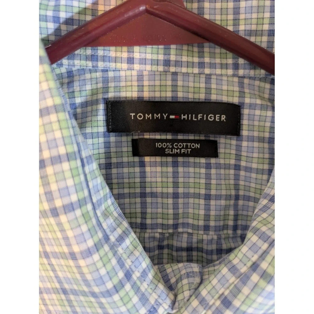 Tommy Hilfiger Shirt Men's Button‎ Up Sz L Blue Plaid Slim Fit Long Sleeve